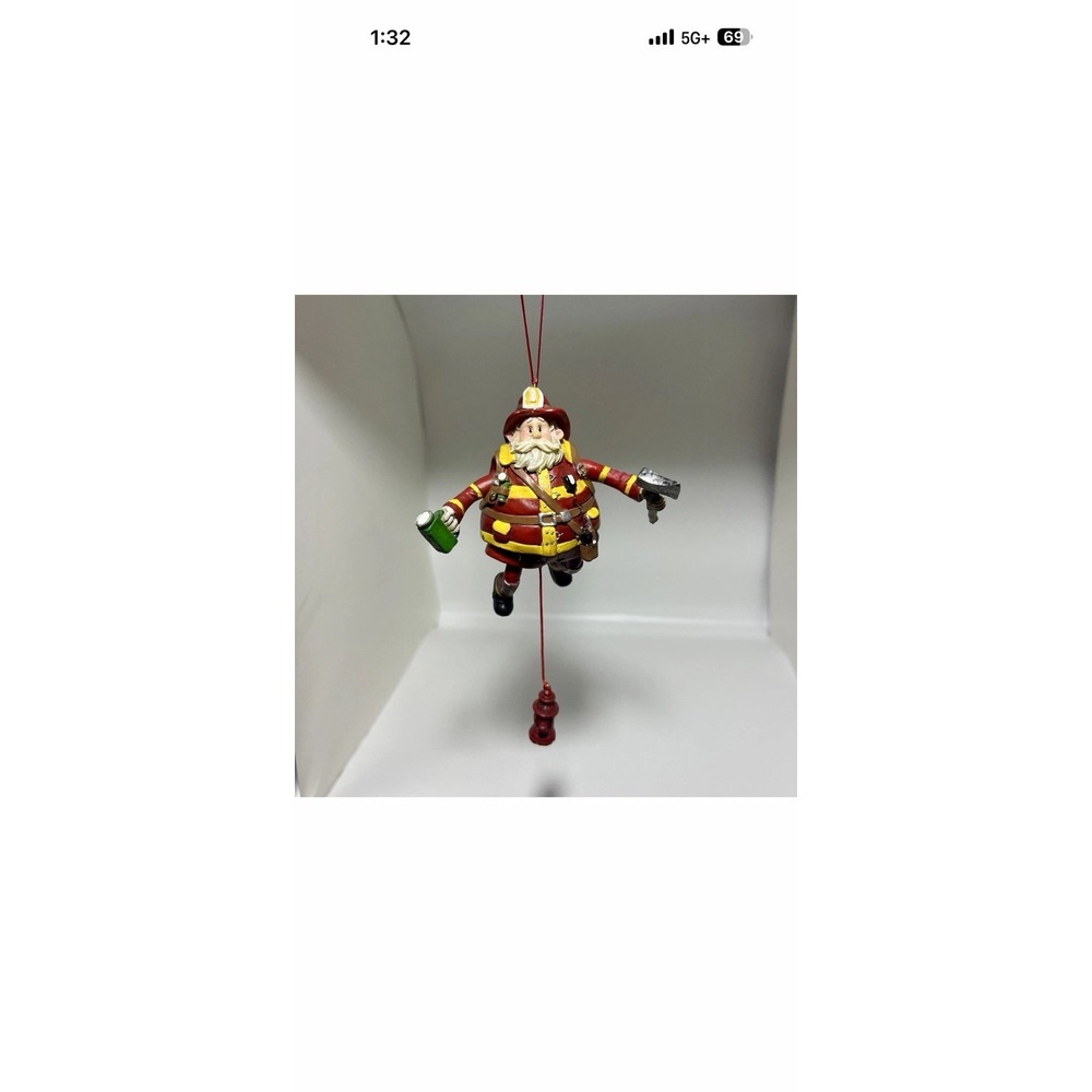 Santa Fireman Pull String Movement Christmas Ornament Resin Hydrant Ax Red